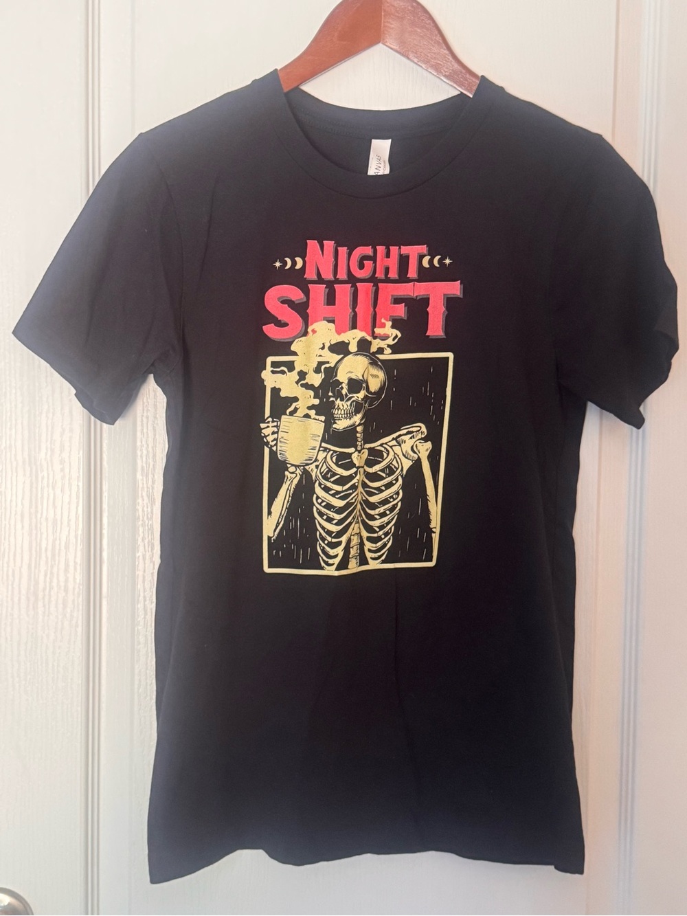 "Night Shift" Graphic Tee with Yellow Skeleton